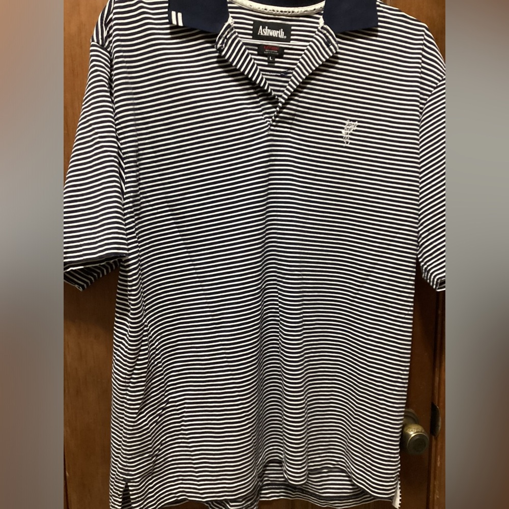 Ashworth navy stripe size L polo golf shirt nice pre worn